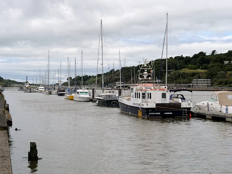 Marina on the River Suir in Waterford with sailing boats and green hills