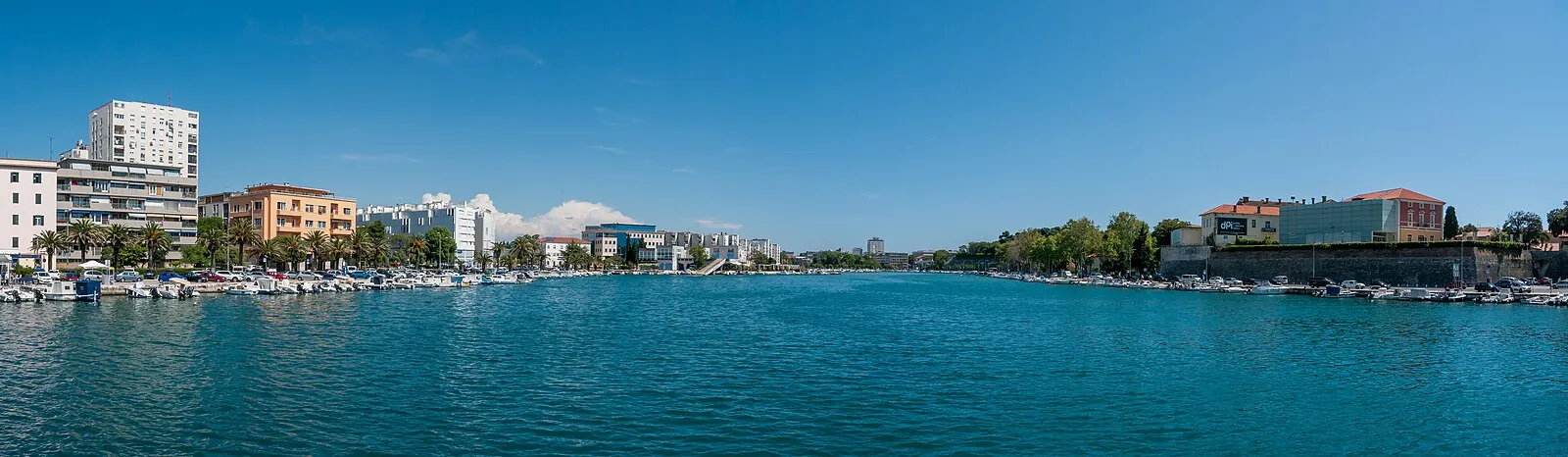 Zadar waterfront panorama showing marina, palm-lined promenade, and old town fortifications