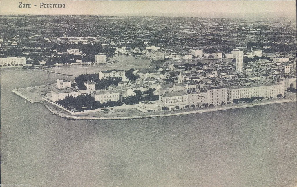Historical postcard 'Zara - Panorama' showing aerial view of Zadar's old town peninsula